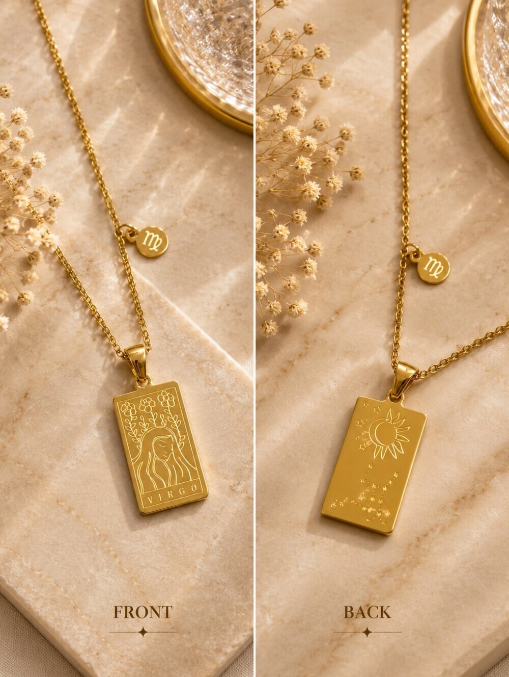 Virgo Zodiac Tarot Card Necklace 18K Gold Plated Titanium Steel Double-Sided